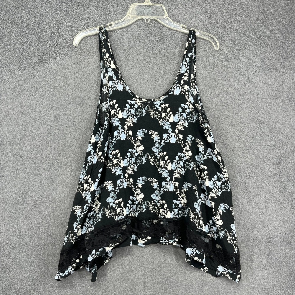 Free People Tank Top Womens XS Black Floral Lace‎ Trim Boho Trapeze Camisole